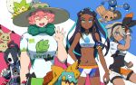  2boys 2girls ahoge armlet belly_chain black_bodysuit black_hair black_hairband blue_eyes blue_hair bodysuit bodysuit_under_clothes commentary_request covered_navel dark_skin drednaw dynamax_band earrings eldegoss freckles gen_2_pokemon gen_7_pokemon gen_8_pokemon gloves grey_eyes grey_hair gym_leader hair_bun hairband hat hitmontop hoop_earrings jewelry long_hair looking_at_viewer makeup mask mimikyu multicolored_hair multiple_boys multiple_girls navel necklace nin_(female) onion_(pokemon) open_mouth pink_hair poke_ball poke_ball_(basic) pokemon pokemon_(creature) pokemon_(game) pokemon_swsh print_shirt print_shorts rurina_(pokemon) saitou_(pokemon) shirt short_sleeves shorts single_glove smile sun_hat suspenders tied_shirt two-tone_hair ultra_ball yarrow_(pokemon) 