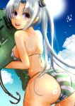  1girl ahoge aircraft airplane akitsushima_(kantai_collection) ass bikini blue_sky cloud commentary_request cowboy_shot flying_boat from_behind grey_hair h8k hat highres inflatable_toy kantai_collection long_hair looking_at_viewer mini_hat mizuya_chiharu purple_eyes purple_hair side_ponytail sky solo striped striped_bikini swimsuit 