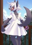  2020 anthro balcony blush canid canine clothing cloud dress female mammal open_mouth sky solo tree unousaya white_clothing white_dress 