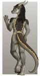  2020 akara_(wisemans) anthro biped black_body black_claws black_hair black_scales butt claws dragon female full-length_portrait grey_body grey_scales hair hi_res horn long_tail looking_at_viewer portrait rear_view scales scalie signature snout solo standing wisemans yellow_body yellow_eyes yellow_scales 