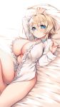  absurdres ahoge bed bed_sheet blazblue blonde_hair blouse blue_eyes breasts es_(xblaze) highres himegi_you huge_ahoge large_breasts long_sleeves looking_at_viewer lying no_panties no_pants open_blouse open_clothes pillow 