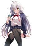  1girl ahoge alternate_costume black_legwear blue_jacket blush bow breasts buttons cellphone closed_mouth commentary_request eyebrows_visible_through_hair fate/grand_order fate_(series) hair_between_eyes harimoji holding holding_phone jacket jeanne_d&#039;arc_(alter)_(fate) jeanne_d&#039;arc_(fate)_(all) long_hair looking_at_viewer miniskirt open_clothes phone pocket red_bow shirt silver_hair simple_background sitting skirt solo thighhighs very_long_hair white_background white_shirt yellow_eyes zettai_ryouiki 