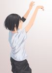  1girl basketball black_hair bob_cut gradient gradient_background grey_eyes gym_uniform highres kyak_bamboo original short_hair solo throwing 