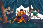  absurd_res anthro athletic athletic_anthro athletic_male backgound black_hair bottomwear canid canine canis clothed clothing crop_top curtains detailed_background elsa_(brand_new_animal) feet felid female fight foot_fetish furniture hair hi_res humanoid jacob leggings legwear lion malana_(lei-lani) male mammal melee_weapon mustelid pantherine pawpads shirt shorts sword topwear weapon wolf 