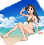  1girl :d bikini black_eyes black_hair camouflage camouflage_bikini day girls_und_panzer long_hair looking_at_viewer meis_(terameisu) nishi_kinuyo ocean open_mouth outdoors salute sitting smile solo swimsuit 