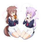  2girls absurdres ahoge animal_ears bangs blue_serafuku blue_shirt bone_hair_ornament brown_hair cat_ears cat_girl cat_tail chocolate_cornet closed_eyes commentary_request dog_ears dog_girl dog_tail eating eyebrows_visible_through_hair felutiahime food hair_between_eyes highres holding holding_food hololive inugami_korone long_hair looking_at_viewer multiple_girls neckerchief nekomata_okayu one_eye_closed onigiri pleated_skirt purple_eyes purple_hair red_neckwear sailor_collar school_uniform seiza serafuku shirt short_hair sidelocks simple_background sitting skirt tail virtual_youtuber white_background white_skirt 