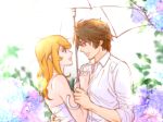  1boy 1girl blonde_hair blue_flower brown_eyes brown_hair collared_shirt couple day dress_shirt eye_contact flower holding holding_umbrella kodai_susumu lens_flare long_hair looking_at_another mori_yuki outdoors parted_lips pink_flower rain shirt sleeves_rolled_up smile transparent transparent_umbrella uchuu_senkan_yamato uchuu_senkan_yamato_2199 umbrella upper_body wet wet_clothes wet_shirt white_shirt wing_collar yokon2199 