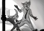  2019 anthro axomuma barefoot bottomwear canid canine carrot_pen clothed clothing disney duo fox fully_clothed fur greyscale head_tuft holding_object judy_hopps lagomorph leporid mammal monochrome necktie nick_wilde open_mouth outside pants police_uniform rabbit red_fox shirt topwear tuft uniform walking zootopia 