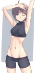  1girl ahoge arm_up armpits bike_shorts blue_eyes light_brown_hair navel oda_masaki_(b-minor) one_eye_closed original short_hair simple_background solo sports_bra stretch turtleneck 