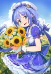  1girl blue_bow blue_eyes blue_hair blush bow company_name day eyebrows_visible_through_hair flower gloves hair_bow holding holding_flower long_hair looking_at_viewer nagu nijisanji open_mouth outdoors smile solo sunflower twintails very_long_hair white_gloves yuuki_chihiro 