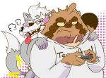  2020 anthro blush brown_body brown_fur canid canine canis clothing controller duo el_booki fur game_controller gaming grey_body grey_fur hoodie humanoid_hands male male/male mammal nintendo overweight overweight_male playing_videogame raccoon_dog star_fox tanuki topwear video_games wolf wolf_o&#039;donnell 