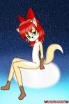  absurd_res accessory anthro blossomblaze canid canine cute_eyes fan_character female fox freckles hair_accessory hair_bow hair_ribbon hi_res mammal nude ribbons sitting smiling_at_viewer solo 