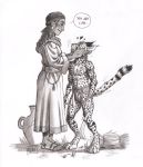  0laffson 4_toes 5_fingers 5_toes anthro caracal caracal_(genus) clothed clothing comic digitigrade duo embarrassed felid feline female fingers hi_res human hybrid lynx male mammal text toes topless traditional_media_(artwork) weapon 