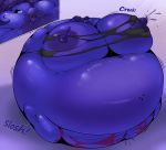  anthro areola berry_juice big_breasts blueberry_inflation bodily_fluids breasts canid canine clothing female food fox fruit genital_fluids genitals hair huge_breasts inflation lactating lotorloon mammal navel nipples outie_navel plant pussy pussy_juice shadow simple_background solo torn_clothing 