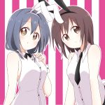  2girls absurdres animal_ears bangs black_neckwear blue_hair breasts brown_eyes brown_hair bunny_ears bunny_tail collared_shirt commentary_request dress_shirt eyebrows_visible_through_hair fake_animal_ears fake_tail funami_yui furutani_himawari hair_between_eyes highres light_blush long_hair looking_at_viewer looking_away medium_hair mesushio multiple_girls necktie outline pink_background shirt sleeveless sleeveless_shirt smile standing striped striped_background tail upper_body vertical_stripes white_background white_outline white_shirt yellow_eyes yuru_yuri 