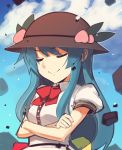  1girl blue_hair blue_sky boa_(brianoa) bucket_hat closed_eyes closed_mouth cloud collared_shirt crossed_arms debris food fruit hat highres hinanawi_tenshi long_hair neck_ribbon peach puffy_short_sleeves puffy_sleeves red_neckwear red_ribbon ribbon shirt short_sleeves sky smile smug solo touhou upper_body white_shirt wing_collar 