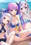  3girls :3 :d ahoge beach bikini bikini_skirt black_swimsuit blue_swimsuit breasts brown_eyes choker day fangs flat_chest grin hairband halter_top halterneck highres hololive horns konkito long_hair looking_at_viewer medium_breasts minato_aqua multiple_girls murasaki_shion nakiri_ayame navel ocean open_mouth purple_eyes purple_hair red_eyes silver_hair sitting small_breasts smile star_(symbol) star_choker striped striped_bikini swimsuit twintails v virtual_youtuber 