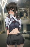  1girl absurdres akito_(sub707) black_hair black_skirt black_undershirt blush bra breasts fubuki_(kantai_collection) green_eyes highres kantai_collection lifted_by_self low_ponytail miniskirt mouth_hold navel nose_blush pink_bra pleated_skirt ponytail remodel_(kantai_collection) school_uniform serafuku shirt shirt_lift short_ponytail short_sleeves sidelocks skirt small_breasts solo underwear white_shirt 