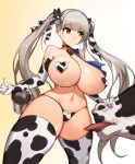  1girl absurdres animal_print azur_lane bare_shoulders bell bell_collar breasts brown_eyes bucket cleavage collar cow cow_bell cow_girl cow_print elbow_gloves eyebrows_visible_through_hair formidable_(azur_lane) gloves grey_hair hair_ribbon heart_pasties highres holding holding_bucket huge_breasts long_hair looking_at_viewer pasties powergene ribbon solo thighhighs twintails 