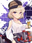  1girl azur_lane bangs bare_shoulders blue_eyes blush breasts brick_wall cabbie_hat casual cleavage coffee_cup collarbone commentary_request cup disposable_cup drinking_straw drop_shadow eyebrows_visible_through_hair hair_between_eyes hat highres holding holding_cup holding_skateboard light_brown_hair long_sleeves looking_at_viewer medium_breasts purple_background shirt short_hair shoulder_cutout sidelocks sigeranai skateboard smile solo standing upper_body white_background white_shirt z23_(azur_lane) 