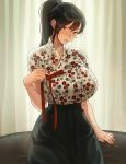  1girl bangs banned_artist black_hair blush breasts couch curtains hanbok high_ponytail kkamja korean_clothes large_breasts long_ponytail nail_polish open_mouth original ponytail red_nails red_ribbon ribbon single_sidelock standing traditional_clothes window 