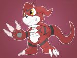  ambiguous_gender arm_markings black_markings claws digimon digimon_(species) fangs fusion guilmon head_markings leg_markings markings pawpads red_background red_body red_scales rimedown scales simple_background solo tail_markings toe_claws veemon white_body white_claws yellow_eyes 