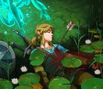  1boy 1girl arrow_(projectile) bleeding blonde_hair blood blood_in_water blue_eyes blue_shirt bow_(weapon) bubble cattail grass highres lily_pad link malin_falch mipha pants plant pointy_ears shield shirt sideburns spirit sword the_legend_of_zelda the_legend_of_zelda:_breath_of_the_wild water weapon 