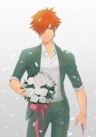  1boy alternate_costume bangs bouquet fate/extra fate/grand_order fate_(series) flower formal green_eyes green_suit hair_over_one_eye highres hunterkay looking_at_viewer male_focus orange_hair petals robin_hood_(fate) smile solo suit white_flower 