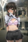  1girl absurdres akito_(sub707) black_hair black_skirt blush bra breasts fubuki_(kantai_collection) green_eyes highres kantai_collection lifted_by_self low_ponytail miniskirt mouth_hold navel nose_blush pink_bra pleated_skirt ponytail remodel_(kantai_collection) school_uniform serafuku shirt shirt_lift short_ponytail short_sleeves sidelocks skirt small_breasts solo underwear white_shirt 