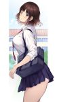  1girl bag bangs black_eyes blunt_bangs brown_hair eyebrows_visible_through_hair looking_at_viewer necktie nijisanji nozomi-y pleated_skirt profile shirt short_hair skirt sleeves_rolled_up solo suzuka_utako virtual_youtuber white_shirt 