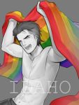  1boy abs black_hair chest closed_eyes flag highres holding holding_flag hunterkay lgbt_pride male_focus muscle no_nipples open_mouth original partially_colored pectorals rainbow_flag shirtless smile solo tight 