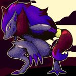  2020 ambiguous_gender anthro canid canine claws fur grey_body grey_fur hair hi_res highlights_(coloring) inner_ear_fluff mammal nintendo pok&eacute;mon pok&eacute;mon_(species) pupils purple_claws purple_hair purple_inner_ear red_body red_fur sharp_teeth shining-primarina shiny_pok&eacute;mon shoulder_tuft slit_pupils smile solo teeth toe_claws tuft video_games yellow_eyes zoroark 