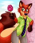  2020 anthro bottomwear canid canine ceruleanazura cheek_tuft clothed clothing disney facial_tuft fluffy fluffy_tail food fox fully_clothed fur gloves_(marking) green_eyes head_tuft hi_res holding_food holding_object male mammal markings necktie nick_wilde orange_body orange_fur pants red_fox shirt solo topwear tuft zootopia 