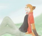  anthro bottomwear brown_pawpads canid canine clothing day ears_back fox from_side fur green_eyes leaning leaning_back looking_up male mammal orange_body orange_fur orange_tail outside pants pawpads pivoted_ears short_sleeves sitting sketch solo tohfu 
