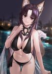  1girl absurdres animal_ears ass_visible_through_thighs bangs bare_arms bare_shoulders bikini black_bikini black_hair blurry bokeh breasts brown_eyes cleavage cowboy_shot depth_of_field fox_ears fox_girl fox_tail halterneck hand_up highres large_breasts long_hair looking_at_viewer navel neonbeat night original outdoors parted_bangs pool shawl side-tie_bikini smile solo standing stomach swimsuit tail thigh_gap thighs very_long_hair water 