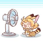  1girl ^_^ animal_ear_fluff animal_ears animal_print arm_support between_legs bow bowtie chibi closed_eyes elbow_gloves electric_fan extra_ears from_side full_body gloves hand_between_legs inukoro_(spa) kemono_friends lowres no_nose open_mouth orange_hair print_bow print_gloves print_legwear print_neckwear print_skirt serval_(kemono_friends) serval_ears serval_print serval_tail short_hair sitting skirt solo striped_tail sweat tail white_background wind |3 