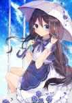  1girl absurdres bangs blue_eyes blush brown_hair closed_mouth commentary_request dress eyelashes highres holding holding_umbrella legs_together long_hair looking_at_viewer looking_back nanakusa_miya original petals purple_ribbon ribbon sitting solo tearing_up umbrella very_long_hair wrist_cuffs 