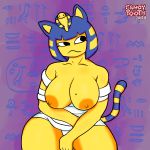  2020 animal_crossing ankha_(animal_crossing) anthro breasts candy_tooth(artist) domestic_cat egyptian exposed_breasts felid feline felis female front_view hi_res hieroglyphics looking_away mammal mole_(marking) nintendo noseless portrait solo thick_thighs three-quarter_portrait video_games wraps yellow_body 