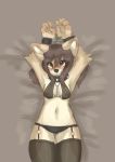  5_fingers accessory anthro arms_above_head black_nose blush breasts brown_background brown_body brown_eyes brown_fur brown_hair canid canine canis chain chowba clothing collar domestic_dog female fingers fur garter hair handcuffed handcuffs hazel_(lewdshiba) legwear lewdshiba long_hair looking_up lying mammal multicolored_body multicolored_fur navel nipples on_back panties plant plant_hair pseudo_hair shackles simple_background solo spiked_collar spikes thigh_highs translucent translucent_clothing two_tone_body two_tone_fur underwear 