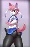  anthro anthrofied blue_bottomwear blue_clothing blue_eyes blue_skirt blush bodily_fluids bottomwear butt clothed clothing crossdressing_male eeveelution erection erection_under_clothing fur genital_fluids girly hair hi_res looking_at_viewer mr-shin nintendo open_mouth pink_body pink_fur pink_hair pink_tail pok&eacute;mon pok&eacute;mon_(species) precum precum_through_clothing skirt solo sylveon teeth tongue video_games wet wet_clothing 