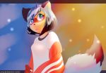  absurd_res anime anthro awakeningwind blue_hair bna brand_new_animal clothing female female/female fluffy fluffy_tail hair hi_res invalid_tag mammal michiru_kagemori procyonid raccoon sad shirt simple_background solo studio_trigger t-shirt topwear 