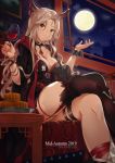  1girl 2019 animal_ears arknights black_jacket black_legwear breasts cleavage crossed_legs cup deer_ears drinking_glass feet_out_of_frame full_moon gitano_(arknights) hands_up hexagram highres holding holding_cup indoors jacket leyuan_zhuifang long_hair looking_at_viewer medium_breasts moon night night_sky open_clothes open_jacket silver_hair single_thighhigh sitting sky solo thighhighs thighs wine_glass yellow_eyes 