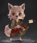  2017 anthro barefoot black_background black_nose bottomwear canid clothing digital_media_(artwork) digitigrade fur hi_res hozure male mammal marshmallow pants scar scar_over_eye shield simple_background solo standing stick white_body white_fur 