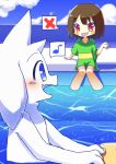  2016 anthro asriel_dreemurr blue_sky blush bovid brown_hair caprine chara_(undertale) cloud duo female fur goat hair human invalid_tag looking_at_another male mammal maro_no_oheya musical_note open_mouth outside partially_submerged poolside red_eyes short_hair sitting sky undertale video_games white_body white_fur 
