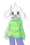  2016 anthro asriel_dreemurr bovid caprine clothed clothing cute_fangs fur goat green_clothing green_sweater green_topwear male mammal maro_no_oheya open_mouth simple_background solo standing sweater topwear undertale video_games white_background white_body white_fur 