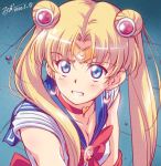  1girl artist_name bangs bishoujo_senshi_sailor_moon blonde_hair blue_eyes blue_sailor_collar breasts choker circlet cleavage commentary crescent crescent_earrings dated derivative_work diadem earrings english_commentary eyebrows_visible_through_hair frown grimace hair_ornament hair_over_shoulder heart heart_choker jewelry leotard long_hair looking_at_viewer lunamoon medium_breasts meme parted_bangs red_choker sailor_collar sailor_moon sailor_moon_redraw_challenge sailor_senshi_uniform screencap_redraw signature sleeveless solo sweatdrop symbol_commentary tsukino_usagi twintails upper_body white_leotard 