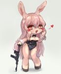  &lt;3 &lt;3_eyes 2020 anthro blush bow_tie breasts bunny_costume chibi clothing costume eiminsansan female footwear gun hair hi_res high_heels lagomorph leotard leporid long_hair mammal open_mouth rabbit ranged_weapon red_eyes shoes simple_background smile solo standing weapon white_background 