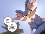  2018 3d_(artwork) anthro big_breasts black_body black_fur blue_body blue_fur bluffy bluxen braixen breasts digital_media_(artwork) dipstick_tail english_text fan_character featureless_breasts female fur kristall_krit looking_at_viewer low-angle_view meme multicolored_body multicolored_fur multicolored_tail nintendo pok&eacute;mon pok&eacute;mon_(species) sky solo source_filmmaker speech_bubble text tree video_games white_body white_fur wide_eyed worm&#039;s-eye_view yellow_eyes 