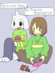  2016 3:4 asriel_dreemurr bottomwear bovid brown_hair caprine chara_(undertale) chips_(food) chocolate_bar clothing controller cute_fangs duo english_text female food fur goat green_clothing green_sweater green_topwear hair human male mammal maro_no_oheya pants simple_background sitting sweater text topwear undertale video_games white_body white_fur 