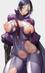  1girl absurdres bodysuit breasts cameltoe collarbone covered_navel eyes_visible_through_hair fate_(series) grey_background highres large_breasts long_hair minamoto_no_raikou_(fate/grand_order) parted_lips porori puffy_sleeves purple_eyes purple_hair simple_background solo torn_clothes turtleneck very_long_hair 